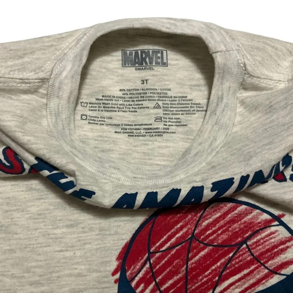 Boy's Marvel Spider-Man T-Shirt 3T Graphic Print Sketch Gray Red Short Sleeves